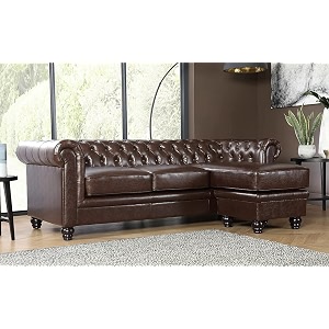 es espinho espn0001 solid sal wood leatherette upholstered 3 seater right hand side facing button tufted chesterfield modular sectional corner l shape sofa set for living room chocolate brown color