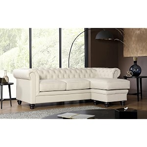 es espinho espn0001 solid sal wood leatherette upholstered 3 seater right hand side facing button tufted chesterfield modular sectional corner l shape sofa set for living room ivory color