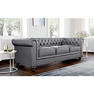 es espinho espn0001 solid sal wood leatherette upholstered button tufted chesterfield 3 seater sofa set for living room dark grey color