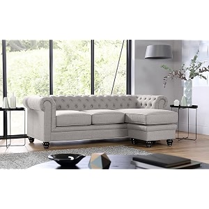 es espinho espn0001 solid sal wood fabric upholstered 3 seater right hand side facing button tufted chesterfield modular sectional corner l shape sofa set for living room light grey color