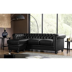 es espinho espn0001 solid sal wood leatherette upholstered 3 seater left hand side facing button tufted chesterfield modular sectional corner l shape sofa set for living room black color