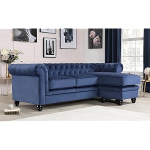 es espinho espn0001 solid sal wood velvet upholstered 3 seater right hand side facing button tufted chesterfield modular sectional corner l shape sofa set for living room blue color