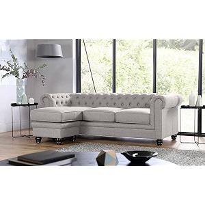 es espinho espn0001 solid sal wood fabric upholstered 3 seater left hand side facing button tufted chesterfield modular sectional corner l shape sofa set for living room light grey color
