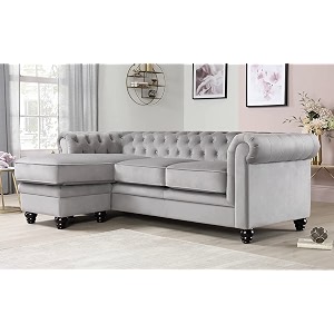 es espinho espn0001 solid sal wood velvet upholstered 3 seater left hand side facing button tufted chesterfield modular sectional corner l shape sofa set for living room slate grey color