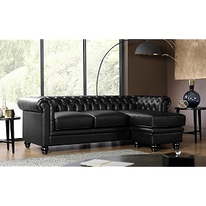 es espinho espn0001 solid sal wood leatherette upholstered 3 seater right hand side facing button tufted chesterfield modular sectional corner l shape sofa set for living room black color