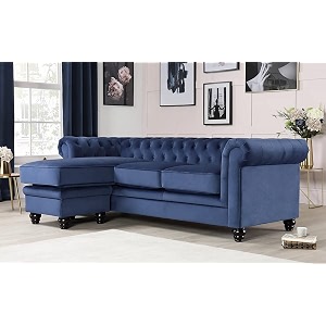 es espinho espn0001 solid sal wood velvet upholstered 3 seater left hand side facing button tufted chesterfield modular sectional corner l shape sofa set for living room blue color