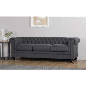 es espinho espn0001 solid sal wood fabric upholstered button tufted chesterfield 3 seater sofa set for living room charcoal grey color