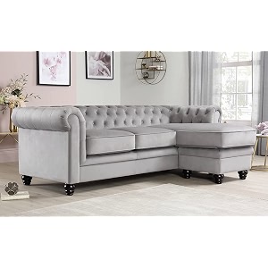 es espinho espn0001 solid sal wood velvet upholstered 3 seater right hand side facing button tufted chesterfield modular sectional corner l shape sofa set for living room slate grey color