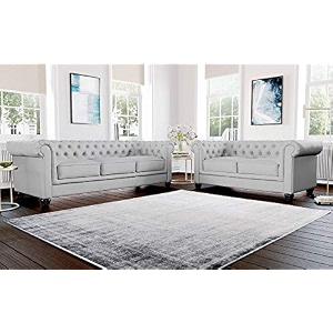 es espinho espn0001 solid sal wood leatherette upholstered 5 seater button tufted chesterfield 32 sofa set for living room steel grey color