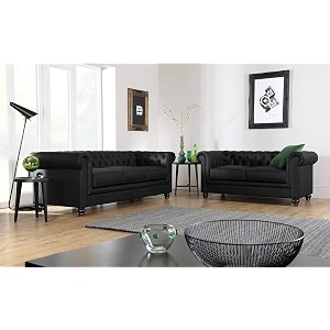 es espinho espn0001 solid sal wood leatherette upholstered 5 seater button tufted chesterfield 32 sofa set for living room black color
