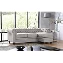 ES ESPINHO ESPN0001 Solid Sal Wood Fabric Upholstered 3 Seater Right Hand Side Facing Button Tufted Chesterfield Modular, Sectional, Corner L Shape Sofa Set for Living Room, Light Grey Color