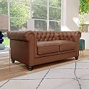 ES ESPINHO ESPN0001 Solid Sal Wood Leatherette Upholstered Button Tufted Chesterfield 2 Seater Sofa Set for Living Room, Tan Color
