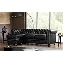 ES ESPINHO ESPN0001 Solid Sal Wood Leatherette Upholstered 3 Seater Left Hand Side Facing Button Tufted Chesterfield Modular, Sectional, Corner L Shape Sofa Set for Living Room, Black Color