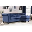 ES ESPINHO ESPN0001 Solid Sal Wood Velvet Upholstered 3 Seater Right Hand Side Facing Button Tufted Chesterfield Modular, Sectional, Corner L Shape Sofa Set for Living Room, Blue Color