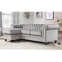 ES ESPINHO ESPN0001 Solid Sal Wood Velvet Upholstered 3 Seater Left Hand Side Facing Button Tufted Chesterfield Modular, Sectional, Corner L Shape Sofa Set for Living Room, Slate Grey Color