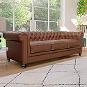 ES ESPINHO ESPN0001 Solid Sal Wood Leatherette Upholstered Button Tufted Chesterfield 3 Seater Sofa Set for Living Room, Tan Color