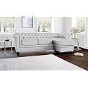 ES ESPINHO ESPN0001 Solid Sal Wood Leatherette Upholstered 3 Seater Right Hand Side Facing Button Tufted Chesterfield Modular, Sectional, Corner L Shape Sofa Set for Living Room, Steel Grey Color