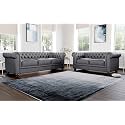ES ESPINHO ESPN0001 Solid Sal Wood Leatherette Upholstered 5 Seater Button Tufted Chesterfield 3+2 Sofa Set for Living Room, Dark Grey Color