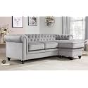 ES ESPINHO ESPN0001 Solid Sal Wood Velvet Upholstered 3 Seater Right Hand Side Facing Button Tufted Chesterfield Modular, Sectional, Corner L Shape Sofa Set for Living Room, Slate Grey Color