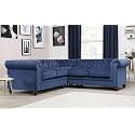 ES ESPINHO ESPN0001 Solid Sal Wood Velvet Upholstered 4 Seater Symmetrical Orientation Button Tufted Chesterfield Modular, Sectional, Corner L Shape Sofa Set for Living Room, Blue Color