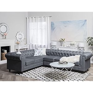 es espinho espn0023 solid sal wood fabric upholstered 5 seater left hand side facing button tufted chesterfield modular sectional corner l shape sofa set for living room grey color