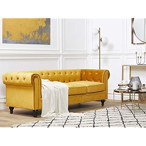 es espinho espn0023 solid sal wood velvet upholstered button tufted chesterfield 3 seater sofa set for living room yellow color