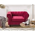 ES ESPINHO ESPN0023 Solid Sal Wood Velvet Upholstered Button Tufted Chesterfield 1 Seater Sofa Set for Living Room, Burgundy Color