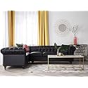 ES ESPINHO ESPN0023 Solid Sal Wood Leatherette 6 Seater Sectional, Corner, Modular Chesterfield L Shape Sofa (Left Hand Side Facing), Black Color