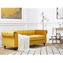 ES ESPINHO ESPN0023 Solid Sal Wood Velvet Upholstered Button Tufted Chesterfield 3 Seater Sofa Set for Living Room, Yellow Color