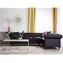 ES ESPINHO ESPN0023 Solid Sal Wood Leatherette Upholstered 5 Seater Right Hand Side Facing Button Tufted Chesterfield Modular, Sectional, Corner L Shape Sofa Set for Living Room, Black Color