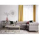 ES ESPINHO ESPN0023 Solid Sal Wood Fabric Upholstered 5 Seater Right Hand Side Facing Button Tufted Chesterfield Modular, Sectional, Corner L Shape Sofa Set for Living Room, Light Brown Color