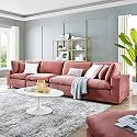 ES ESPINHO Stella Solid Sal Wood Velvet Upholstered 4 Seater Sofa Set for Living Room, Dusty Rose Color