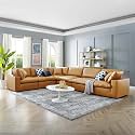ES ESPINHO Stella Solid Sal Wood Leatherette Upholstered 5- to 6-Person Sofa Left Hand Side Facing Modular, Sectional, Corner L Shape Sofa Set For Living Room, Tan Color