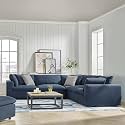 ES ESPINHO Stella Solid Sal Wood Fabric Upholstered 4 Seater Symmetrical Orientation Modular, Sectional, Corner L Shape Sofa Set for Living Room, Dark Blue Color