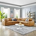ES ESPINHO Stella Solid Sal Wood Leatherette Upholstered 4-Person Sofa Symmetrical Orientation Modular, Sectional, Corner L Shape Sofa Set For Living Room, Tan Color