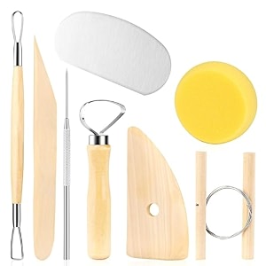 8 pc wooden pottery sculpting clay cleaning tool set includes clay cutting modeling trimming tools for beginner level pottery and smoothing cleaning carving shaping and sculpting