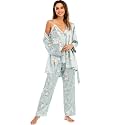 Escalier Women's Floral Silk Satin 3Pc Pajama Set Cami Robe Pants Sleepwear