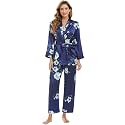 Escalier Women's Floral Silk Satin 3Pc Pajama Set Cami Robe Pants Sleepwear