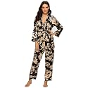 Escalier Women's Floral Silk Satin 3Pc Pajama Set Cami Robe Pants Sleepwear