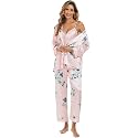 Escalier Women's Floral Silk Satin 3Pc Pajama Set Cami Robe Pants Sleepwear
