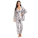 Escalier Women's Floral Silk Satin 3Pc Pajama Set Cami Robe Pants Sleepwear