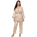 Escalier Women's Floral Silk Satin 3Pc Pajama Set Cami Robe Pants Sleepwear