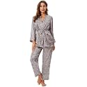 Escalier Women's Floral Silk Satin 3Pc Pajama Set Cami Robe Pants Sleepwear
