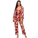 Escalier Women's Floral Silk Satin 3Pc Pajama Set Cami Robe Pants Sleepwear