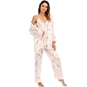 Escalier Women's Floral Silk Satin 3Pc Pajama Set Cami Robe Pants Sleepwear