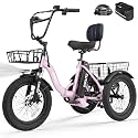 ESKUTE E Trike Electric Bike, Peak 1200W Brushless Motor Folding Trike 18X3.0 Fat Tire Ebike, 624Wh Removable Battery, Step-Thru 3 Wheel Electric Bicycle, 18MPH+ Tricycle for Adults，Pink with Acc