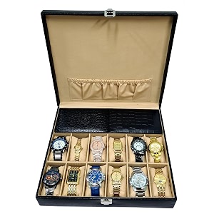 essart faux leather croco black watch box amp jewellery organiser 12-slot watch holder and 2 slot for jewelleryearringsrings cufflinksbanglelapel pins