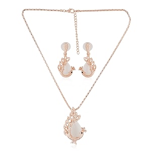 estele 24kt rose gold plated textured peacock necklace and matching earring for women with austrian crystals and moonstone cabochons