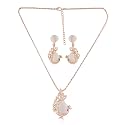 Estele 24kt Rose Gold Plated Textured Peacock Necklace and Matching Earring for Women with Austrian Crystals and Moonstone Cabochons
