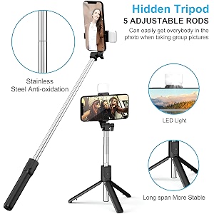 selfie stick with tripod stand bluetooth extendable tripod 3-in-1 multifunctional with white light 2 modes portable wireless remote adjustable phone holder - compatible with iphone amp android